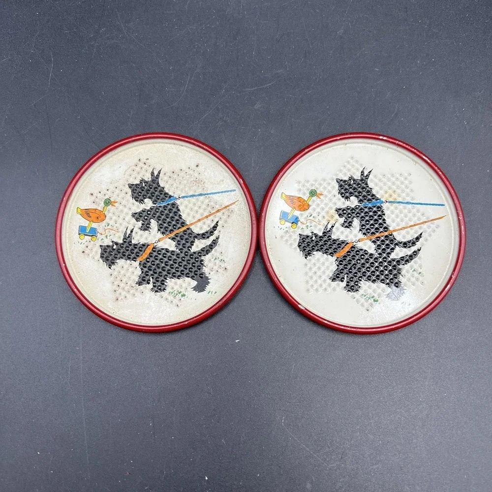 Vtg Scottish Terriers Round Metal Mini Coasters Red Rim - 3